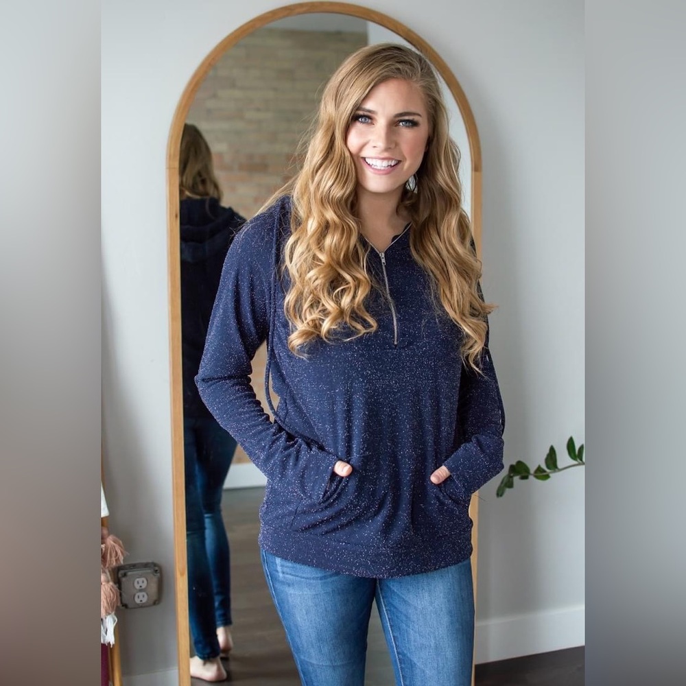 NWT Rogue Society Boutique Shimmer Navy Half-Zip Hoodie size M
